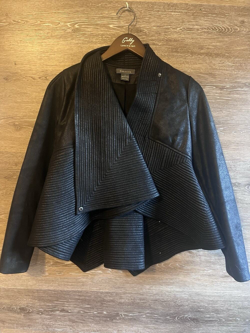 VTG Gracia Women’s Black Shawl Faux Leather Artist Coat Tail Flare Size S